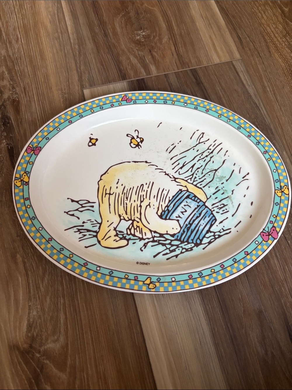Disney Winnie the Pooh Oval Plate - Yellow & Teal Trim